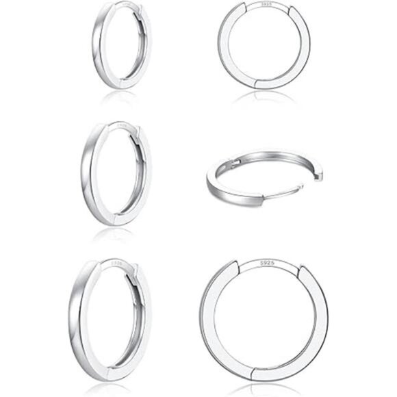 3 Pairs 925Sterling Silver Hoop Earrings 14K White Gold Plated Small Silver Hoop - Picture 6 of 6